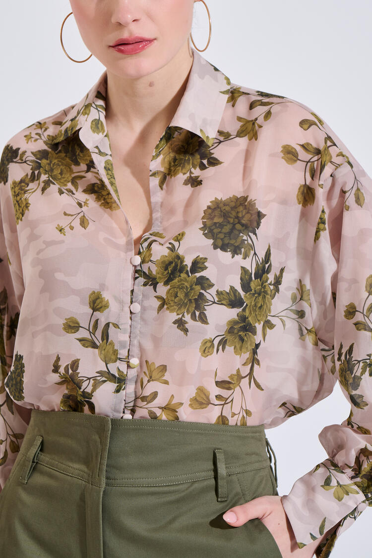Printed shirt with V-neck and fabric-covered buttons - Beige S/M