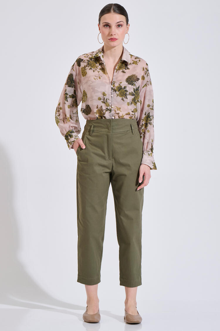 Printed shirt with V-neck and fabric-covered buttons - Beige S/M