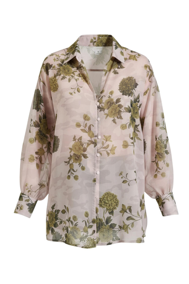 Printed shirt with V-neck and fabric-covered buttons - Beige S/M