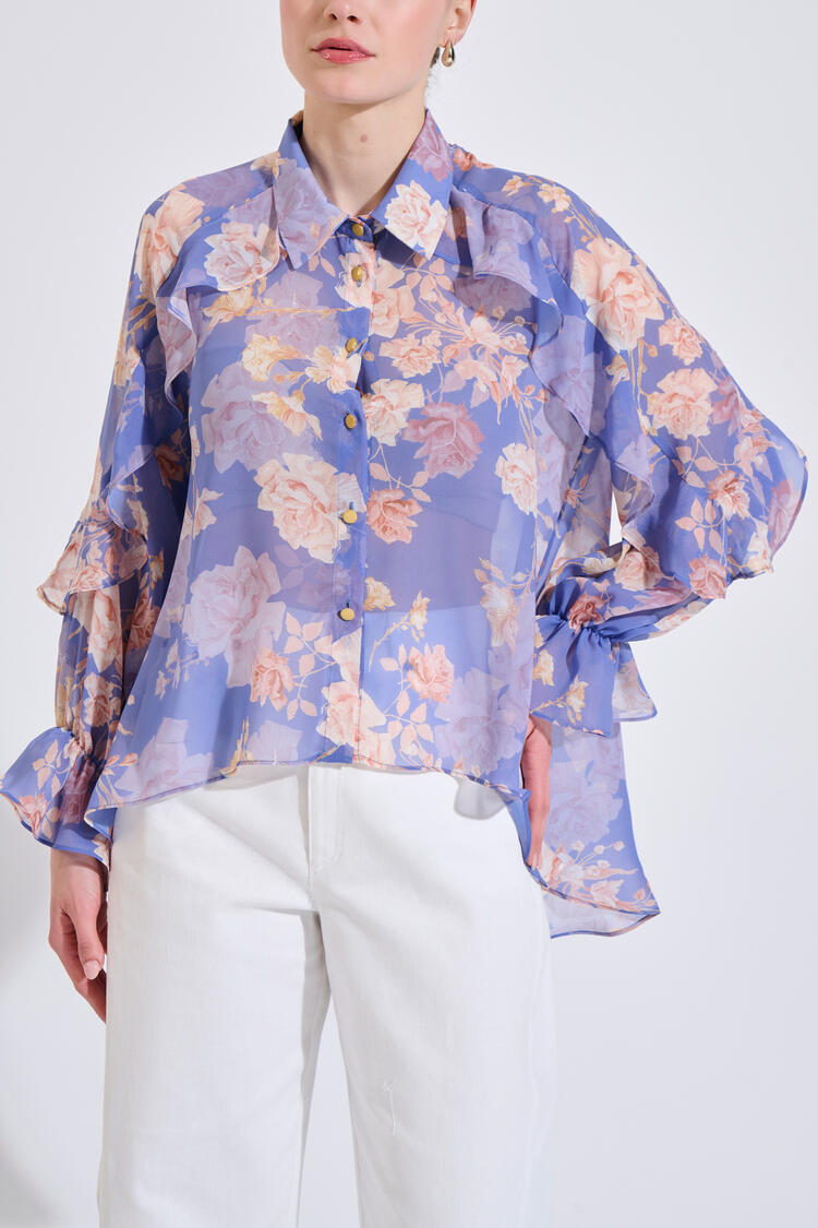Printed shirt with ruffle details - Purple S/M
