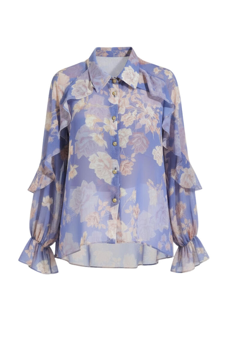 Printed shirt with ruffle details - Purple S/M
