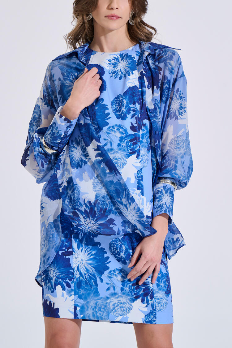 Sleeveless Floral Print Dress - Blue S