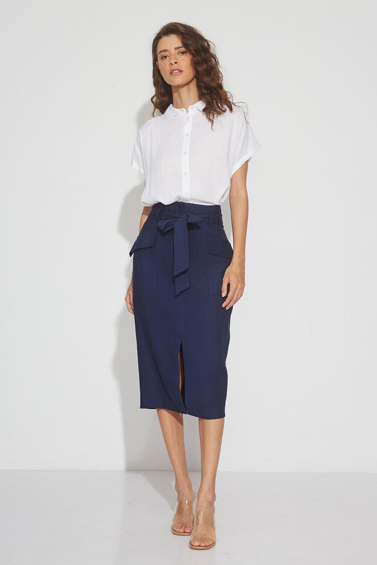 Pencil skirt with pockets and belt - Blue S
