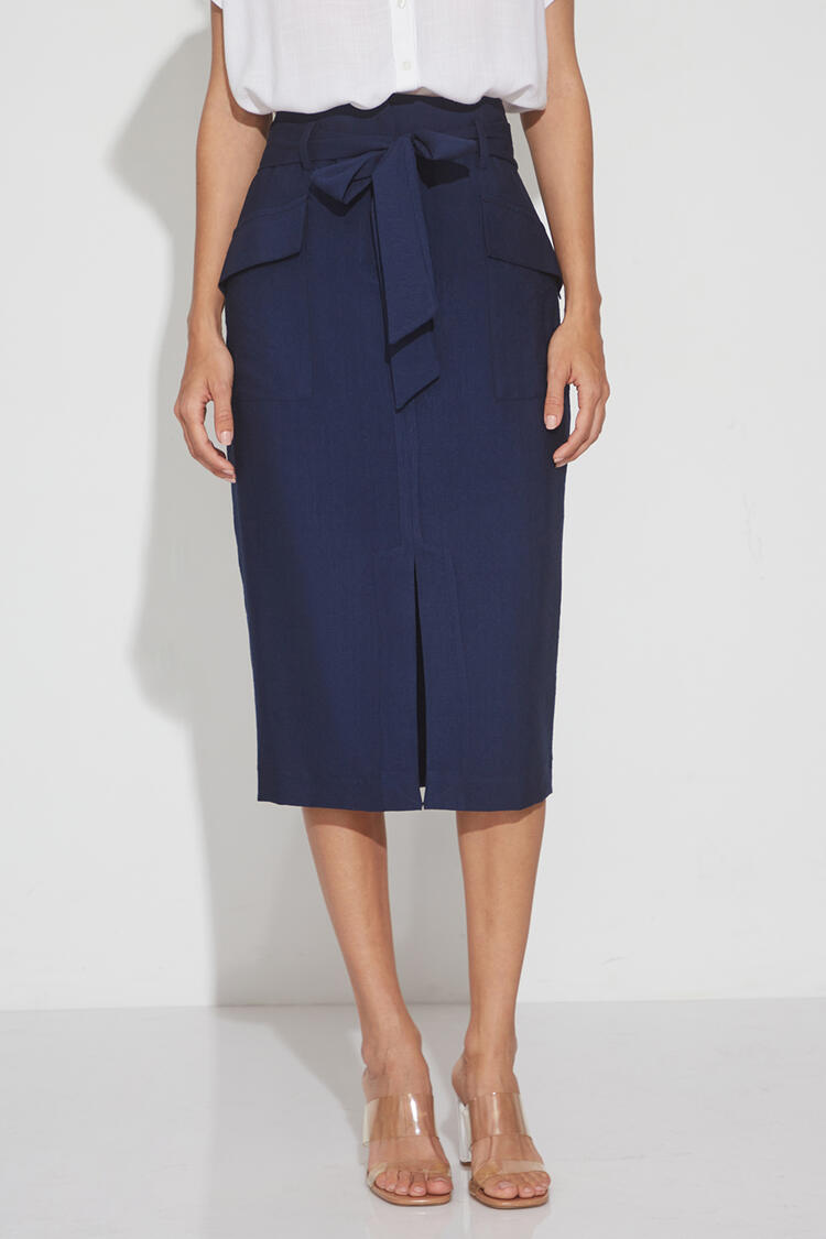 Pencil skirt with pockets and belt - Blue S