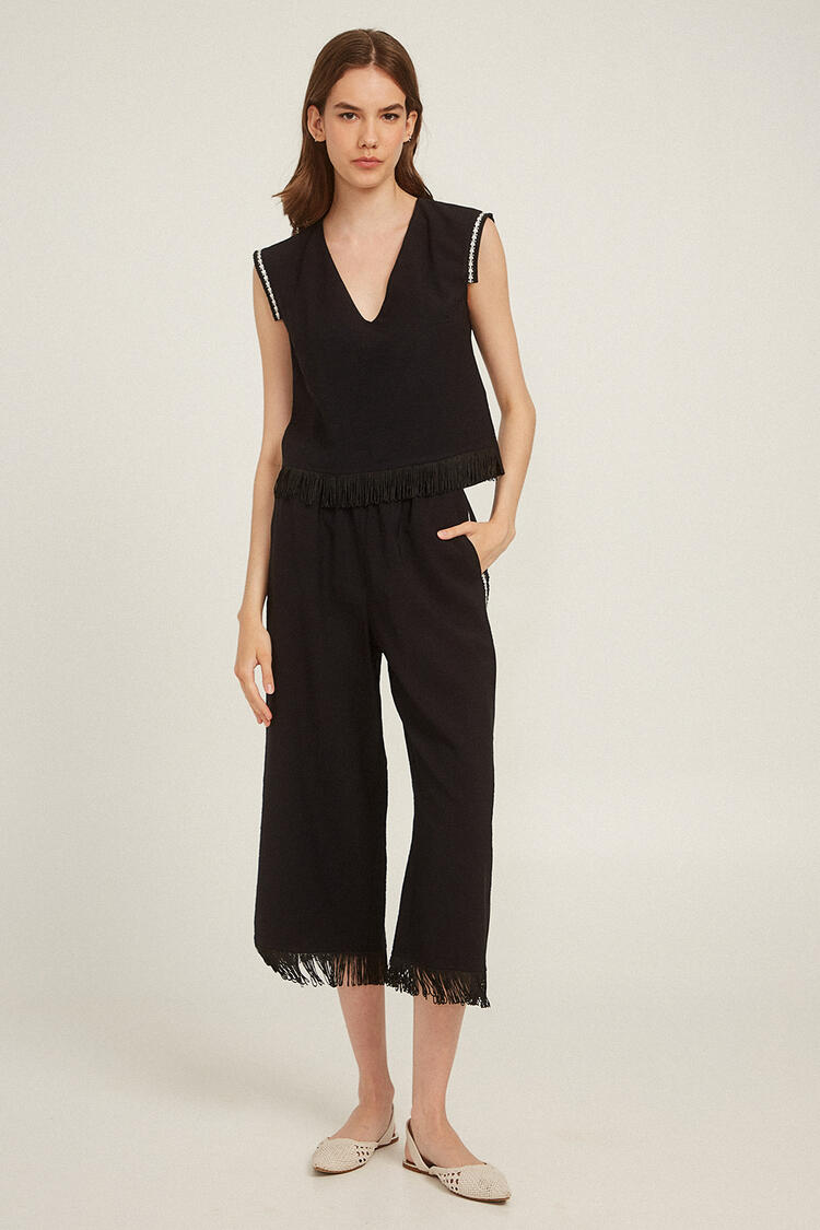 Cropped trousers with fringe - Black S