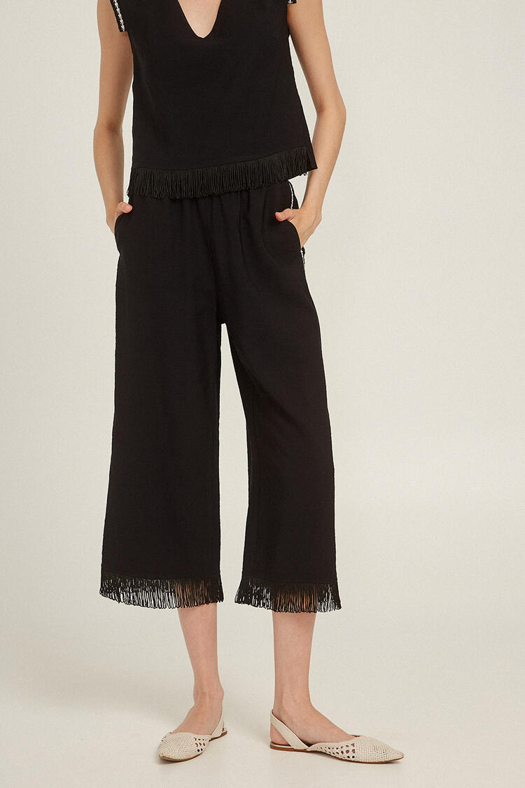 Cropped trousers with fringe - Black S