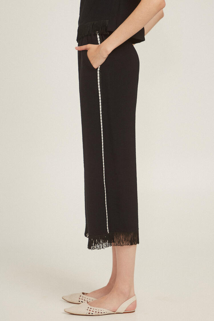 Cropped trousers with fringe - Black S