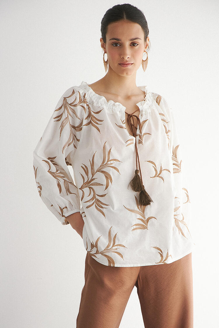 Cotton blouse with elastic neckline - White S/M