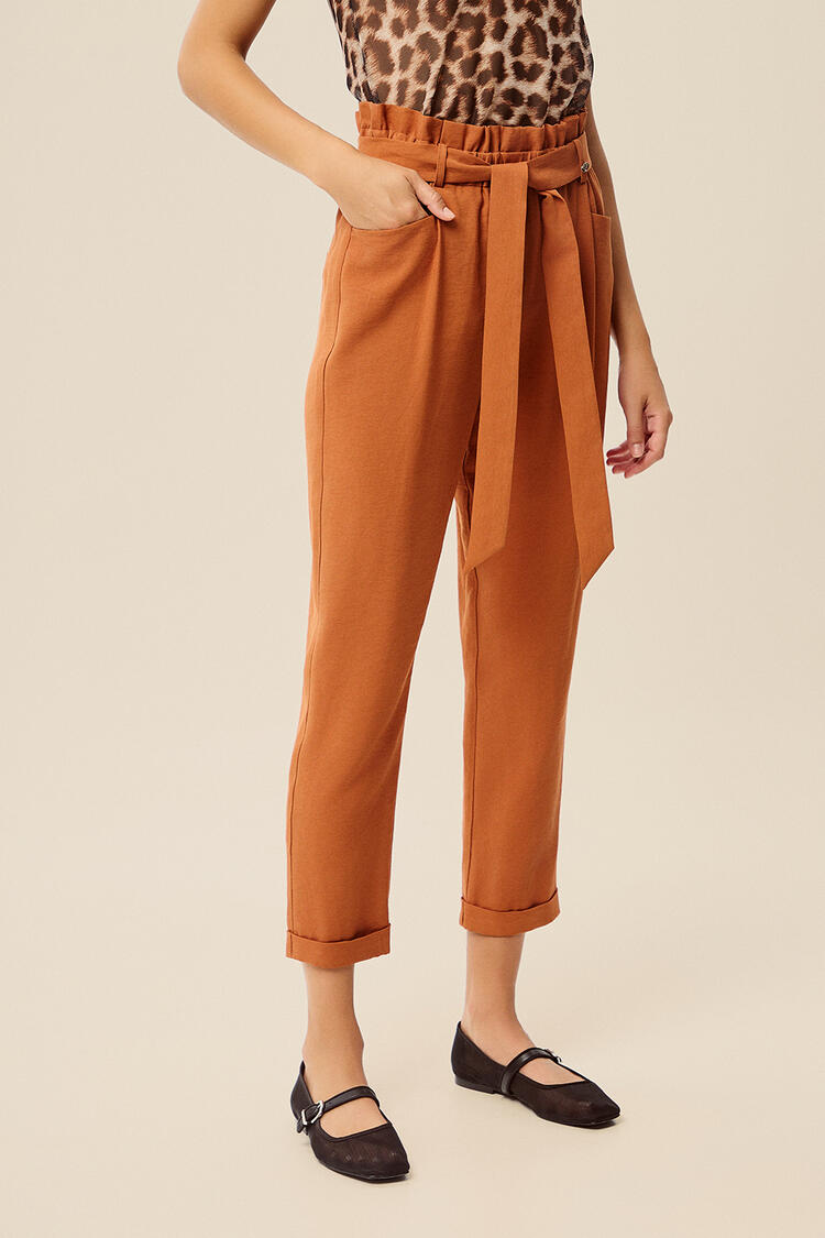 High-waisted trousers with belt - Brown XL
