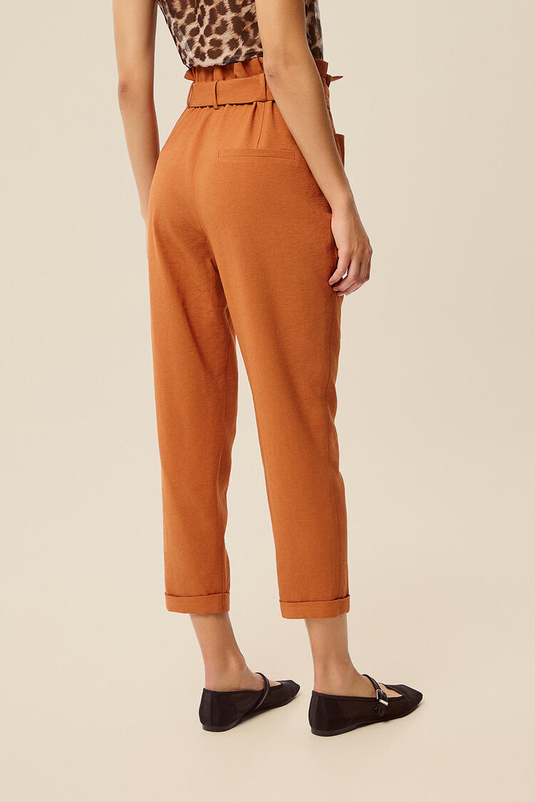 High-waisted trousers with belt - Brown XL