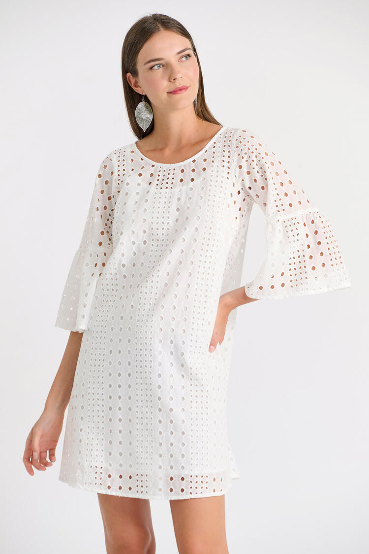Cotton Broderie Dress with 3/4 Sleeve - White S