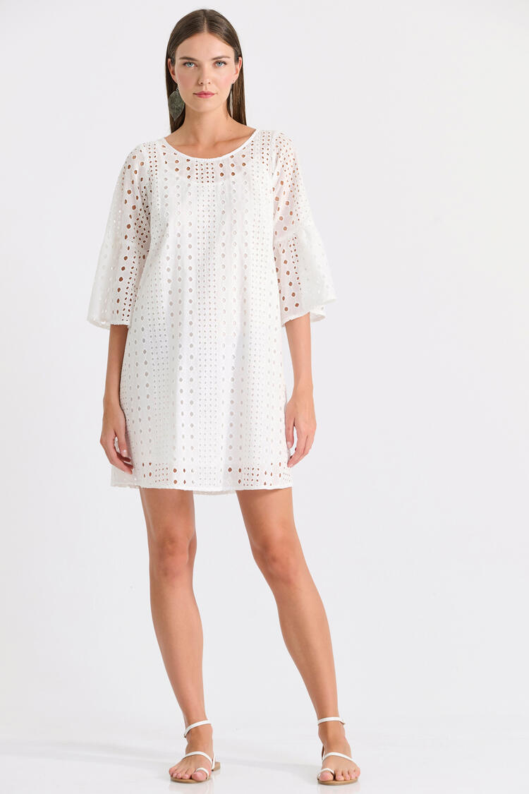 Cotton Broderie Dress with 3/4 Sleeve - White S