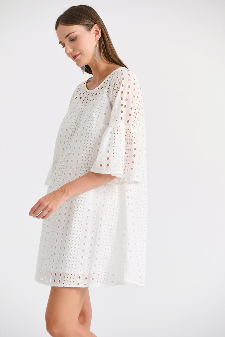 Cotton Broderie Dress with 3/4 Sleeve - White S