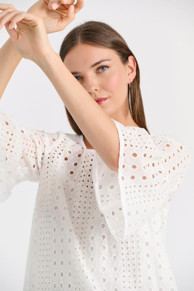 Cotton Broderie Dress with 3/4 Sleeve - White S