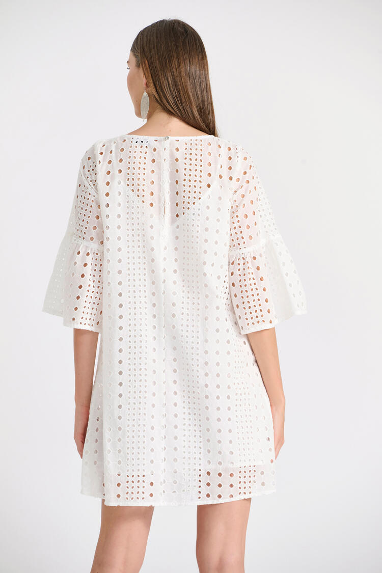 Cotton Broderie Dress with 3/4 Sleeve - White S