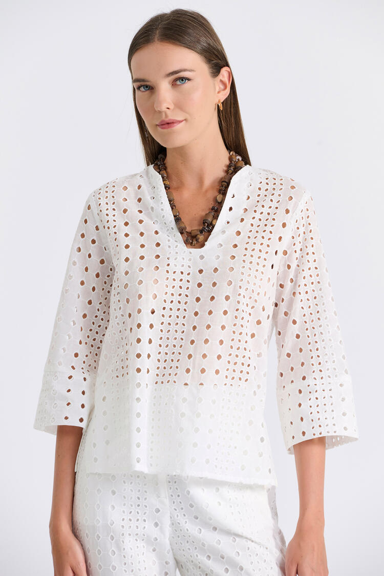 Cotton Blouse with Broderie and V-Neckline - White S