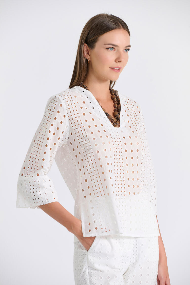 Cotton Blouse with Broderie and V-Neckline - White S
