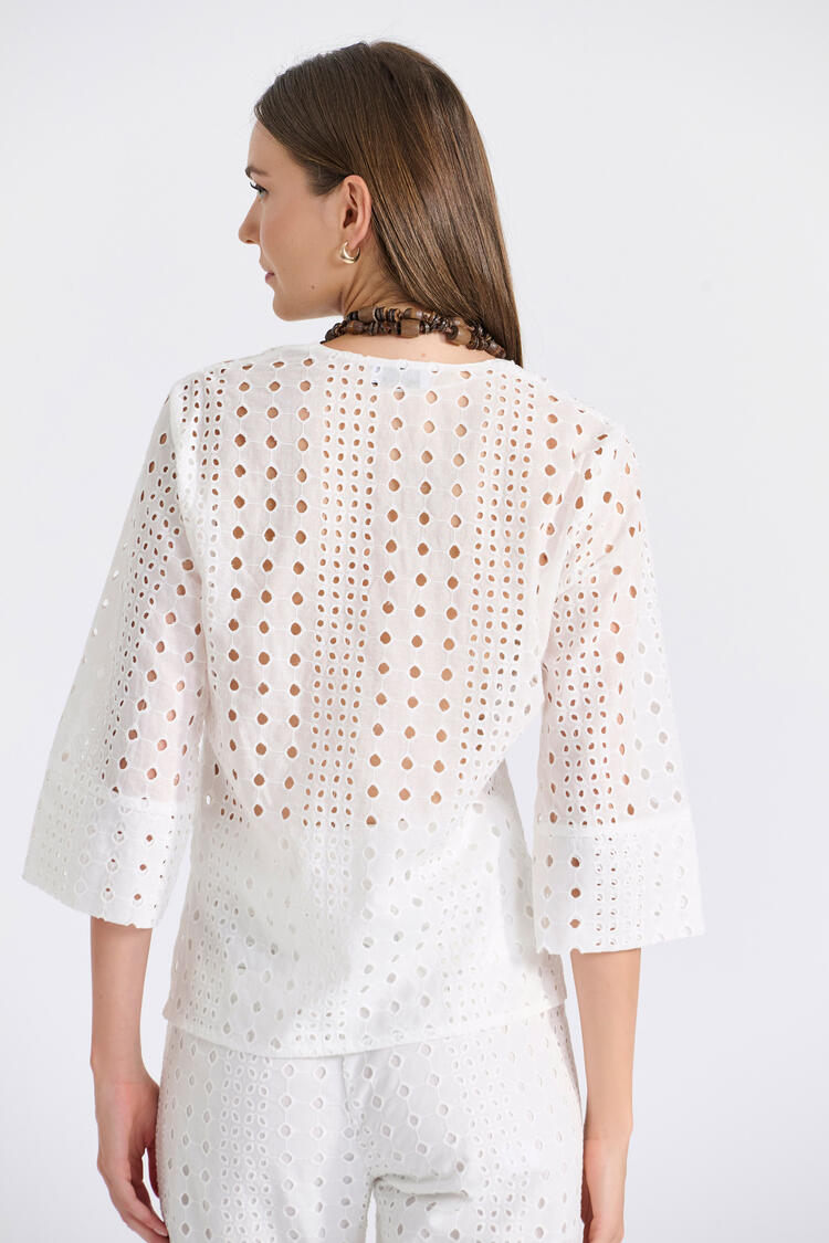 Cotton Blouse with Broderie and V-Neckline - White S