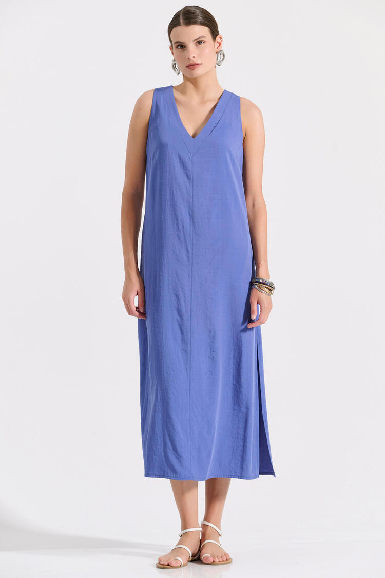 Long sleeveless dress with V-neck and side slits - Blue S