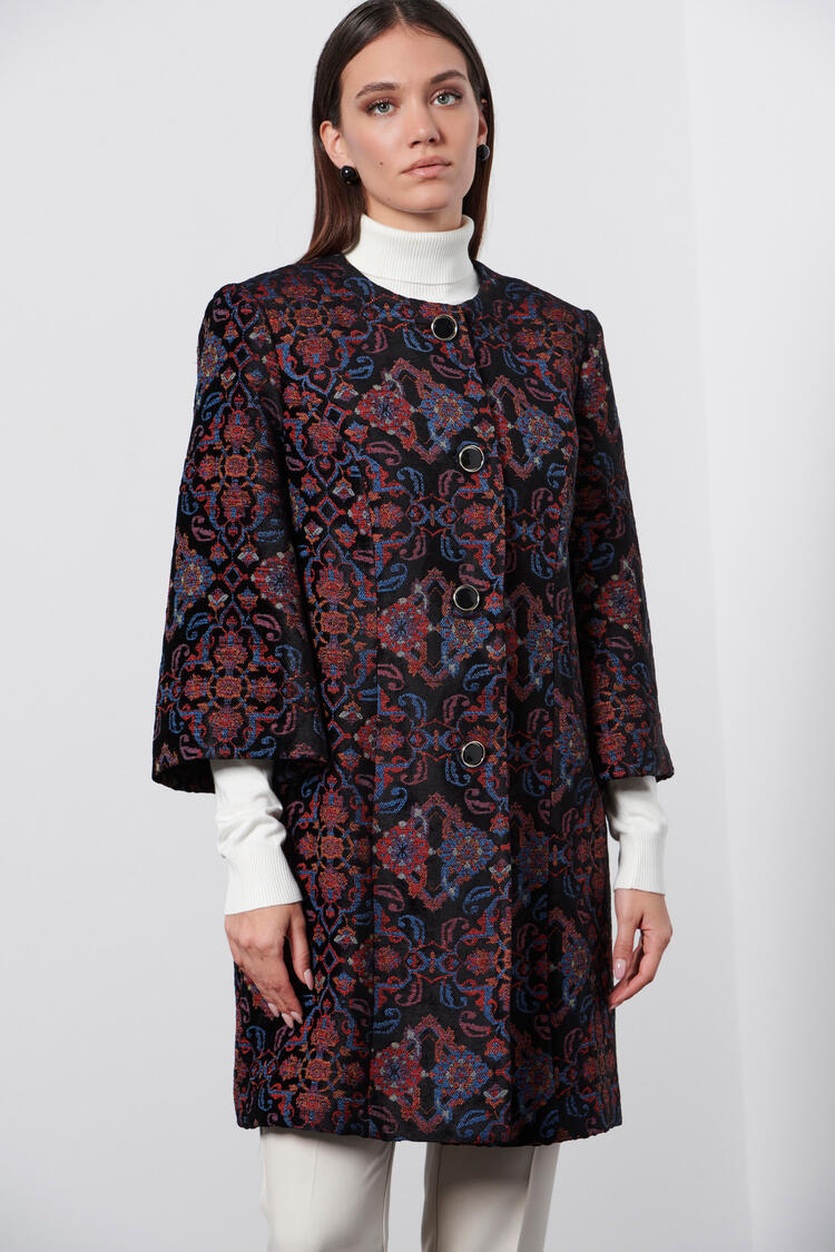 Coat with a pattern and ecological fur - Black M