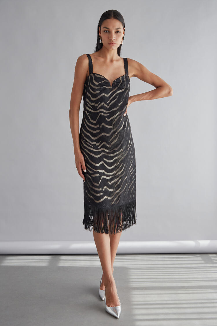 Dress with fringe and sweetheart neckline - Black S