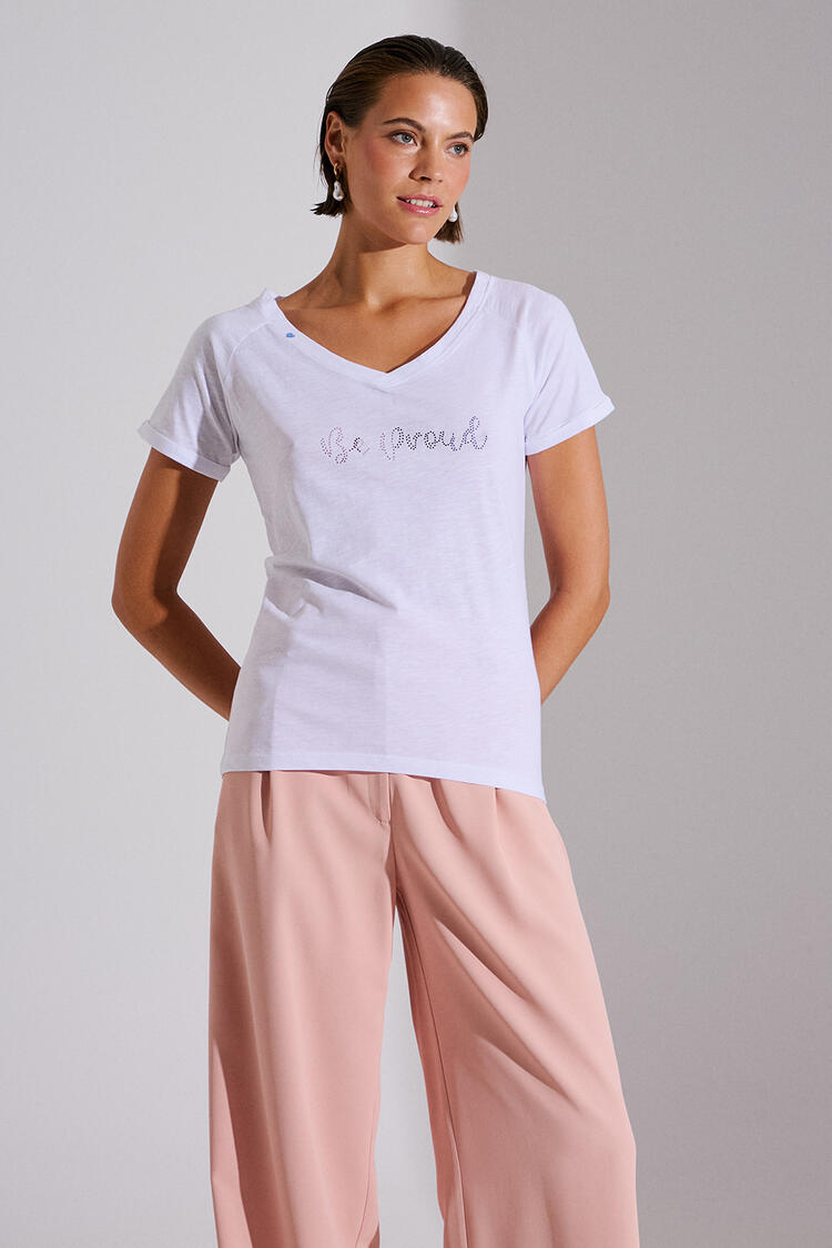 Cotton T-shirt with rhinestones - White M