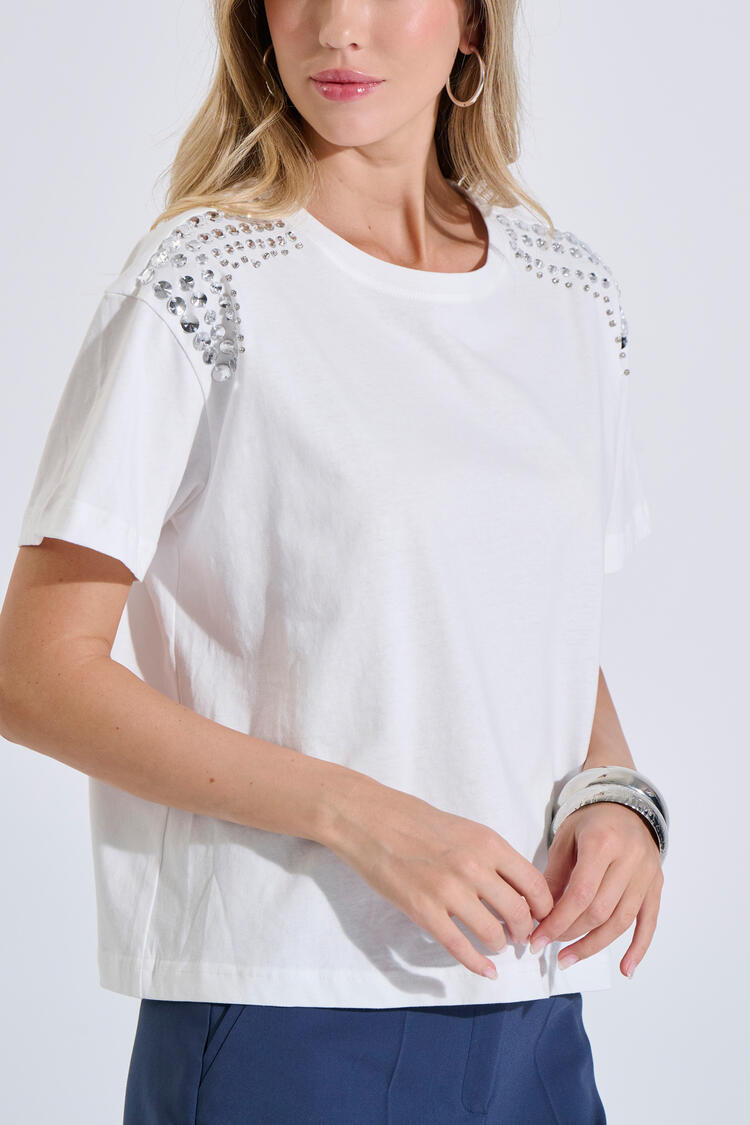Cotton T-Shirt with Embellished Shoulders - ΛΕΥΚΟ O/S