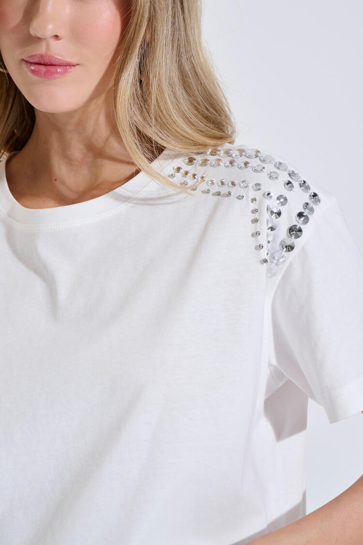 Cotton T-Shirt with Embellished Shoulders - ΛΕΥΚΟ O/S