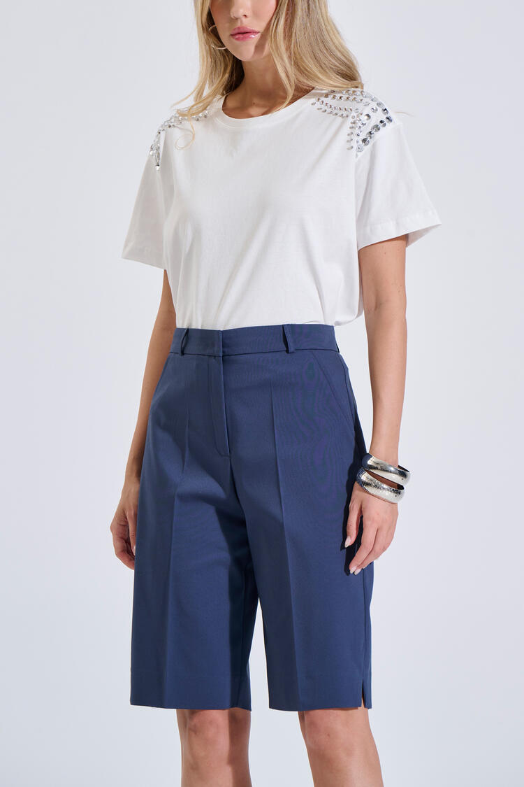 Cotton T-Shirt with Embellished Shoulders - ΛΕΥΚΟ O/S