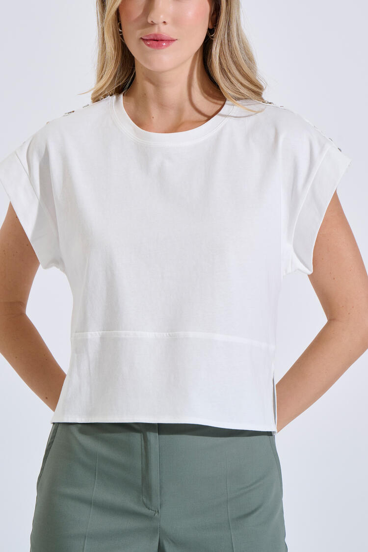 Cotton Top with Shoulder Embellishments - ΛΕΥΚΟ S/M