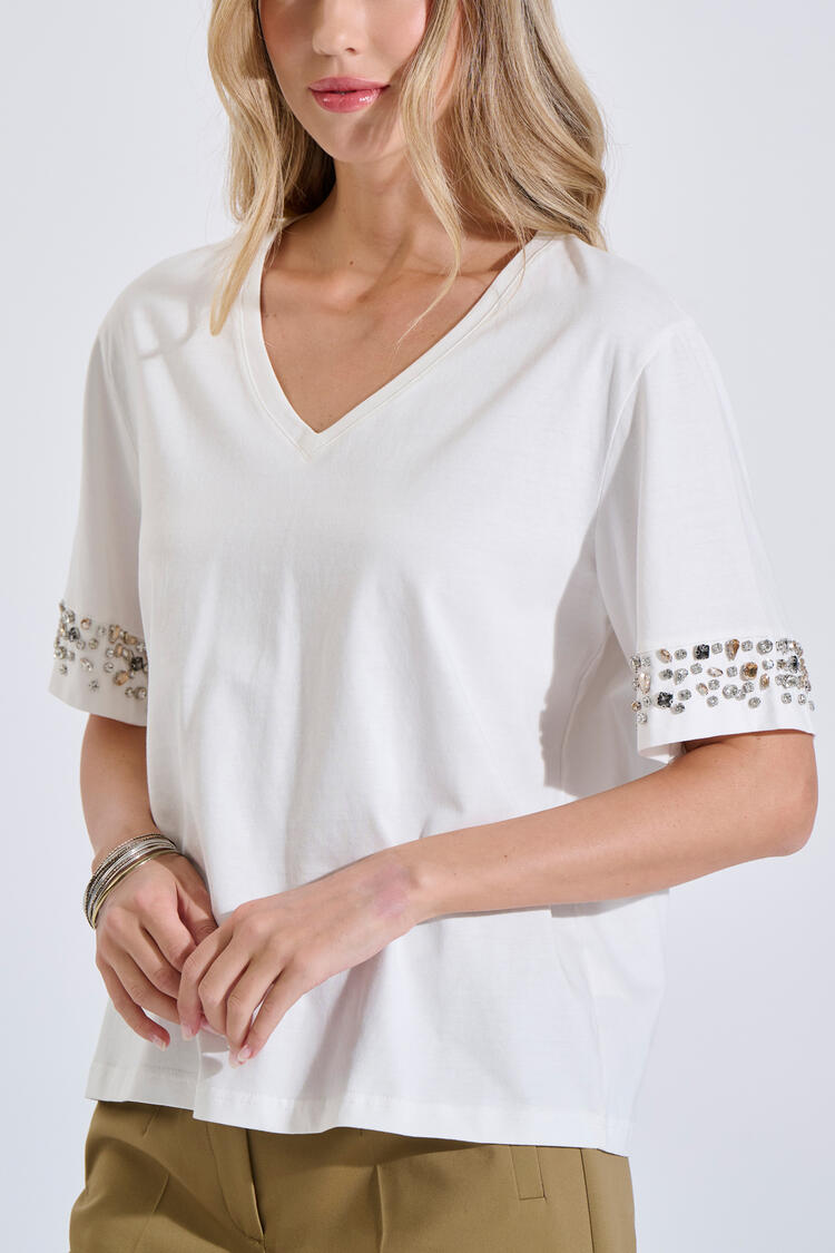 Cotton Top with V Neck & Rhinestones - ΛΕΥΚΟ O/S