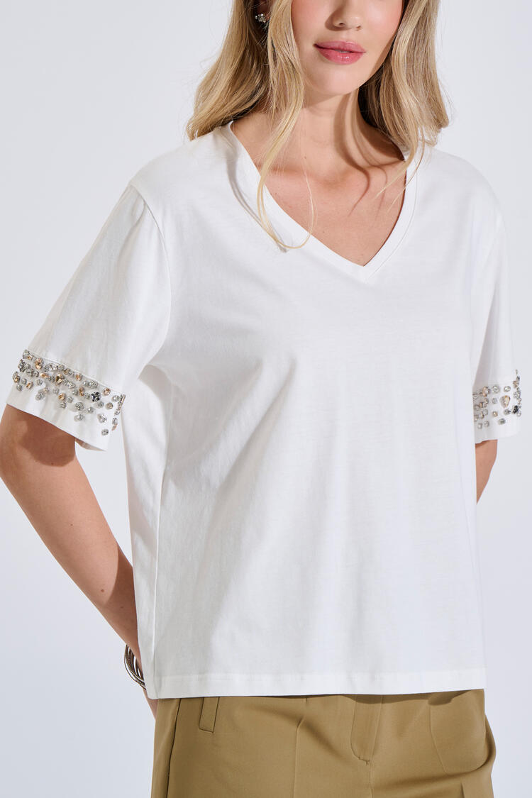 Cotton Top with V Neck & Rhinestones - ΛΕΥΚΟ O/S