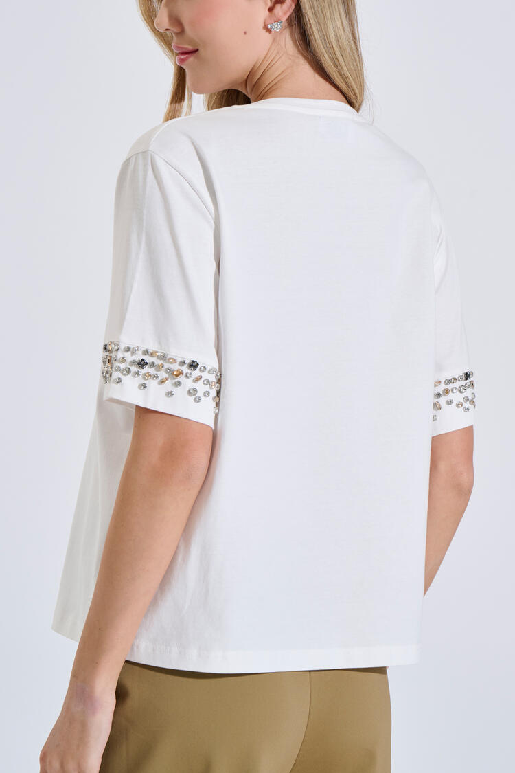 Cotton Top with V Neck & Rhinestones - ΛΕΥΚΟ O/S