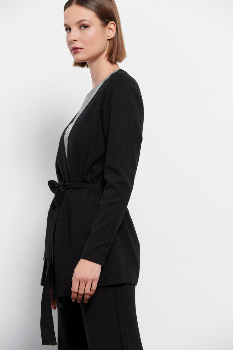 Knitted cardigan with detachable belt - Black O/S