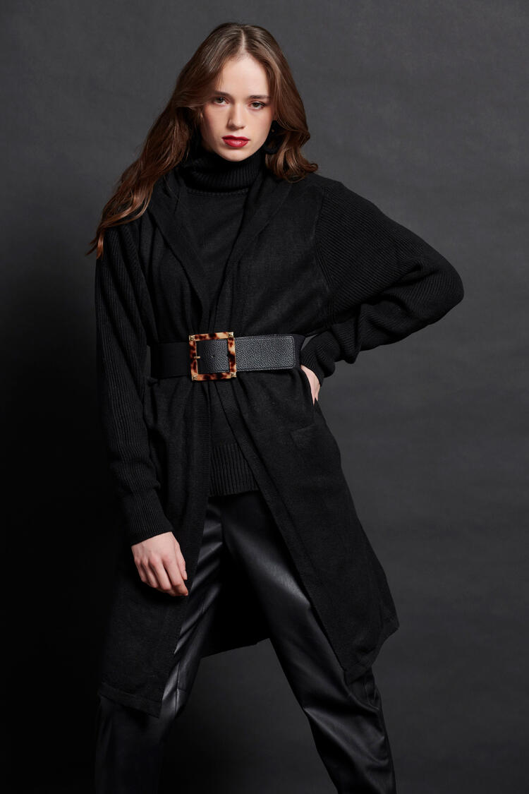 Long knitted cardigan with hood - Black O/S