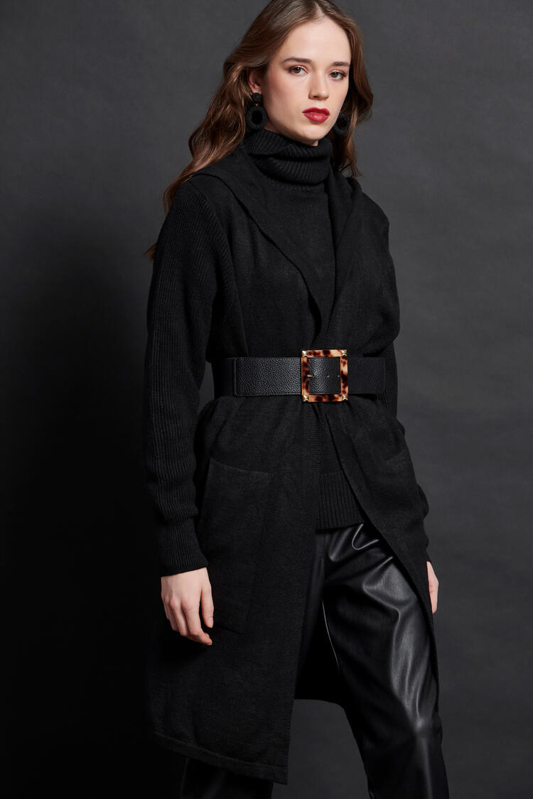 Long knitted cardigan with hood - Black O/S