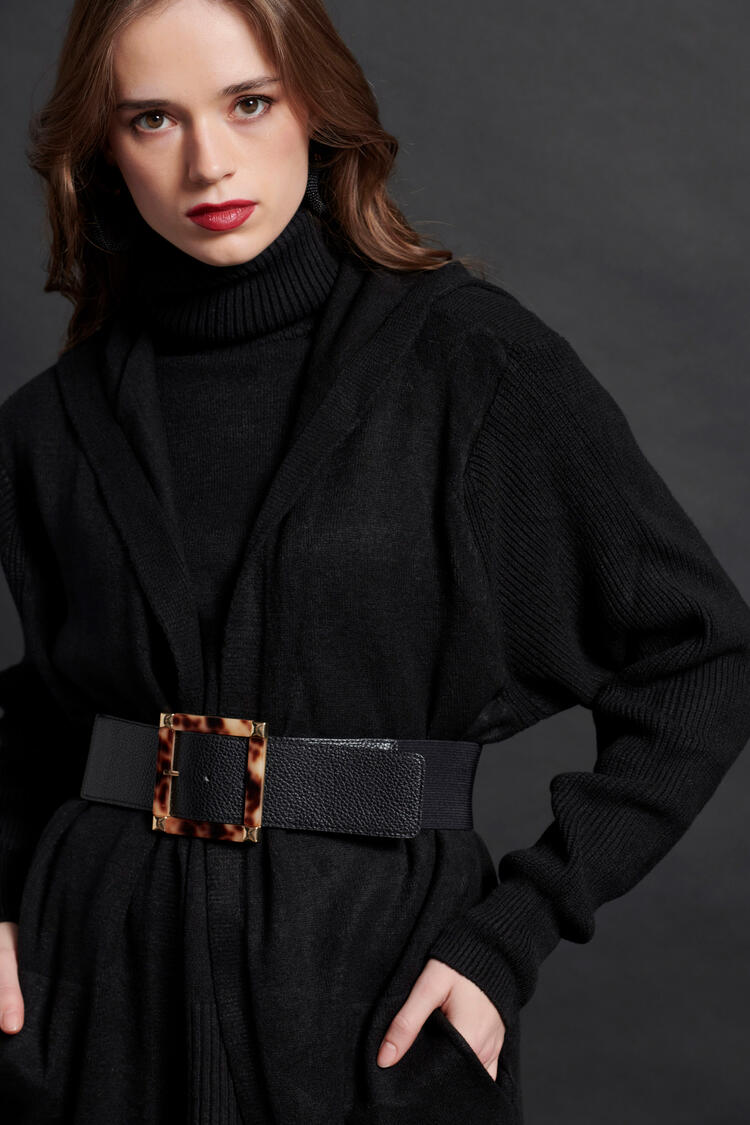 Long knitted cardigan with hood - Black O/S