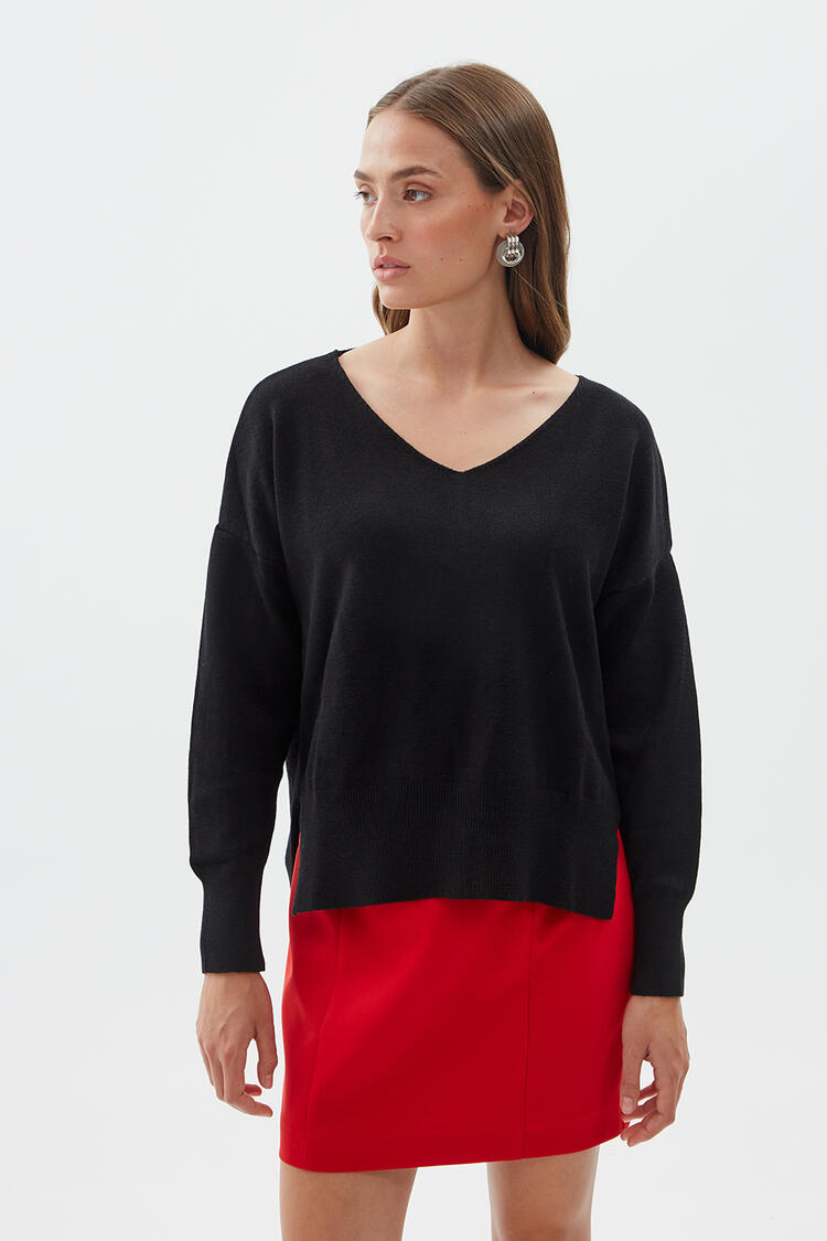 Blouse in soft knit with side opening - Black S/M