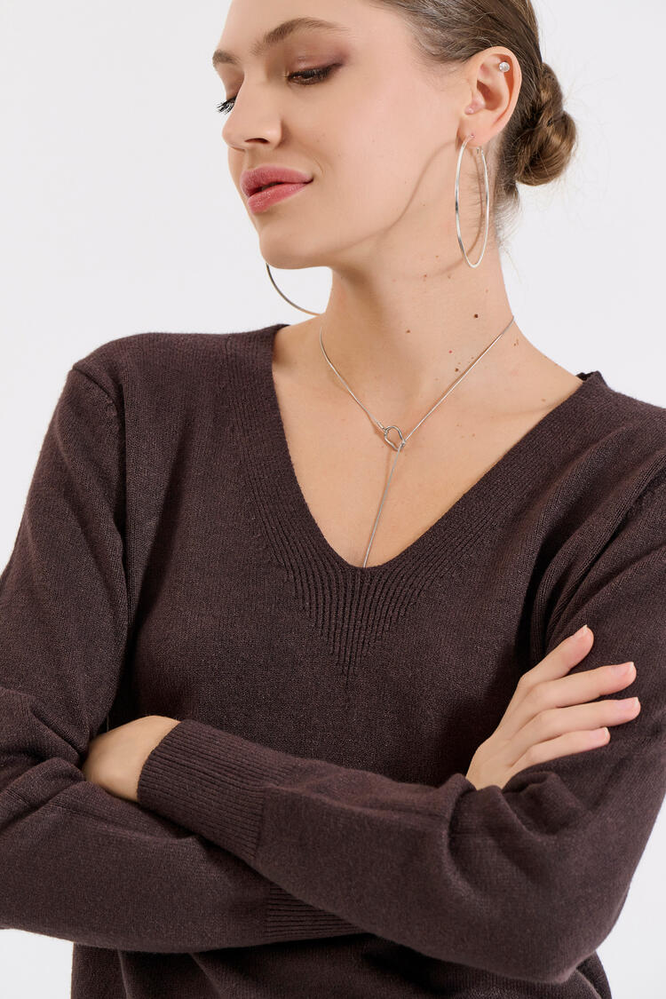 Knitted Blouse with V-Neckline - Brown O/S