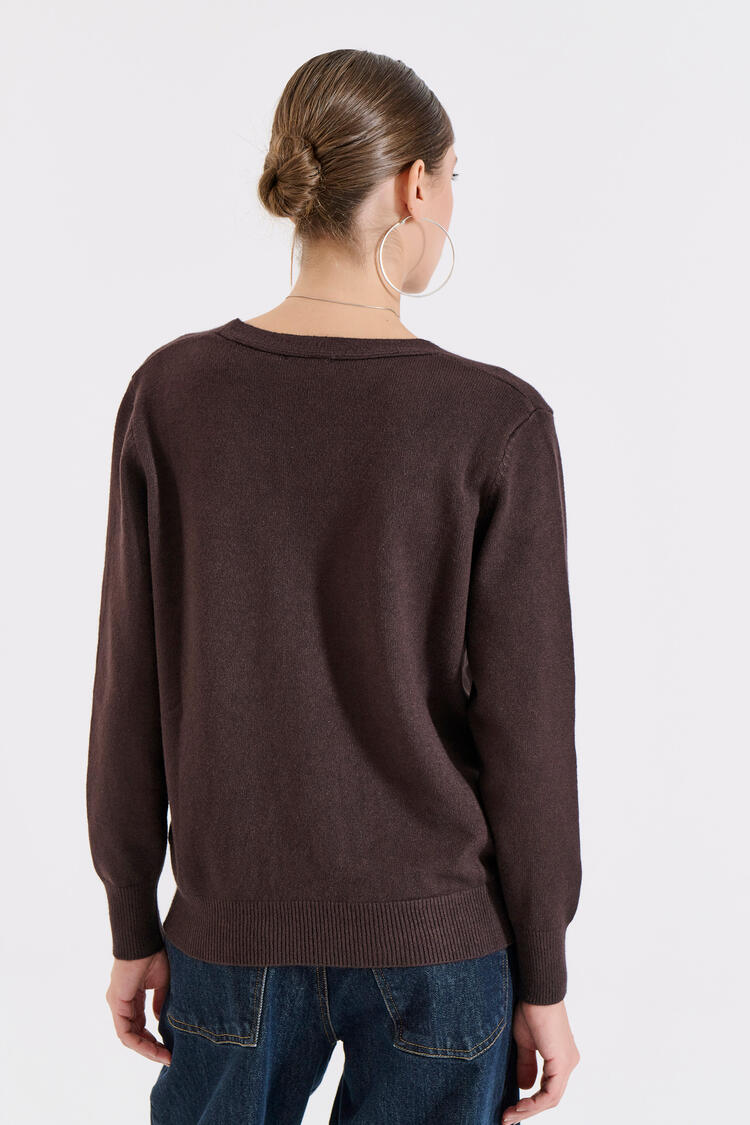 Knitted Blouse with V-Neckline - Brown O/S