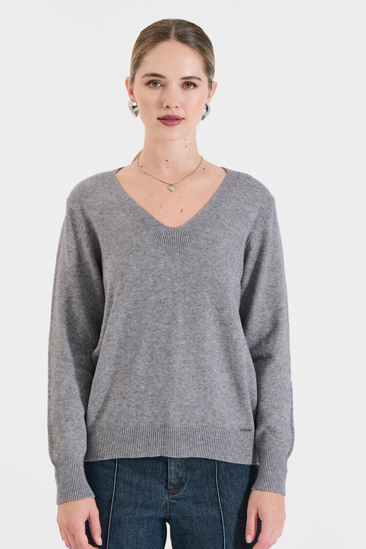 Knitted Blouse with V-Neckline - Grey O/S