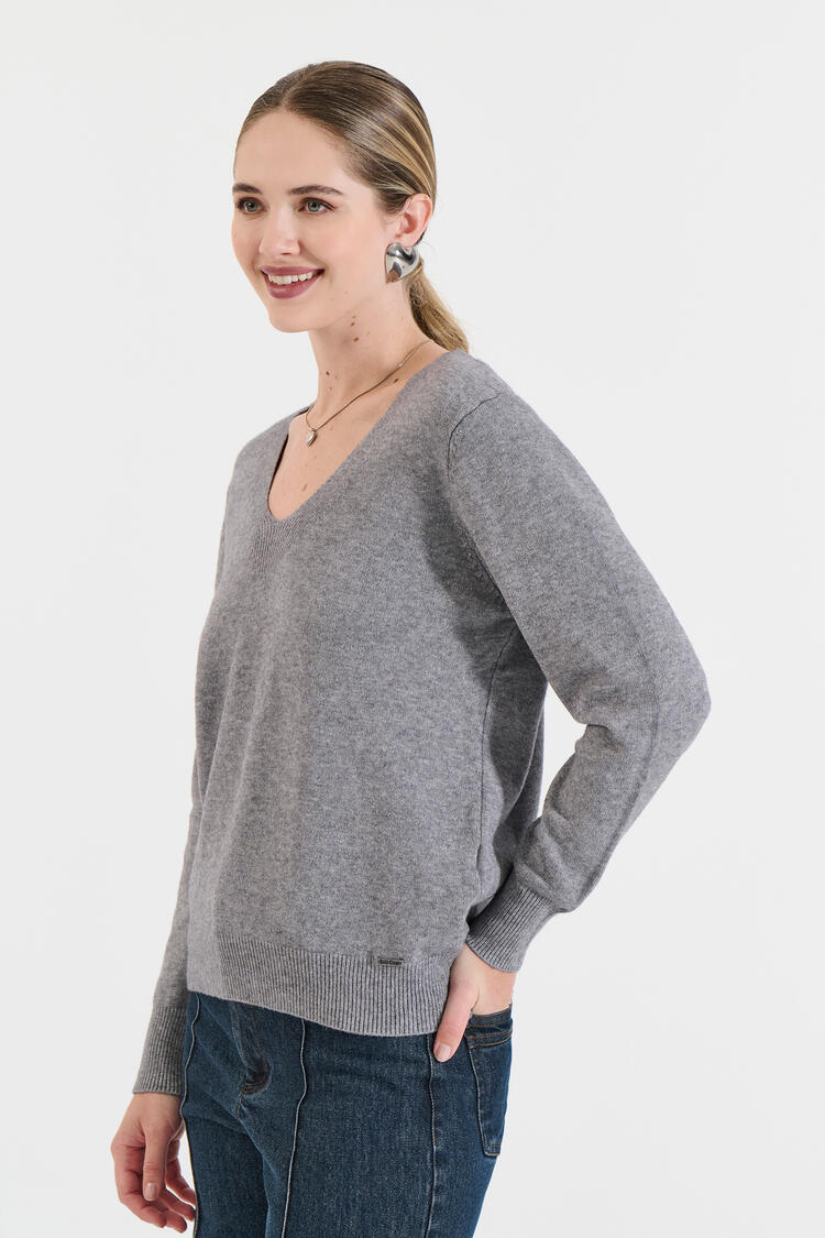 Knitted Blouse with V-Neckline - Grey O/S