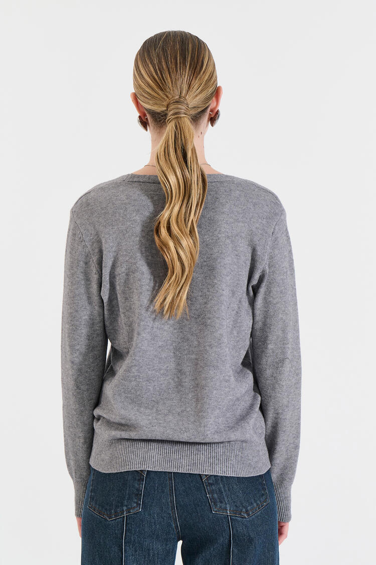 Knitted Blouse with V-Neckline - Grey O/S