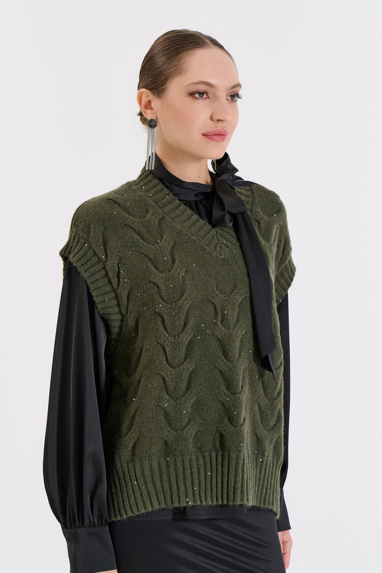 Knitted V-Neck Vest - Chaki O/S