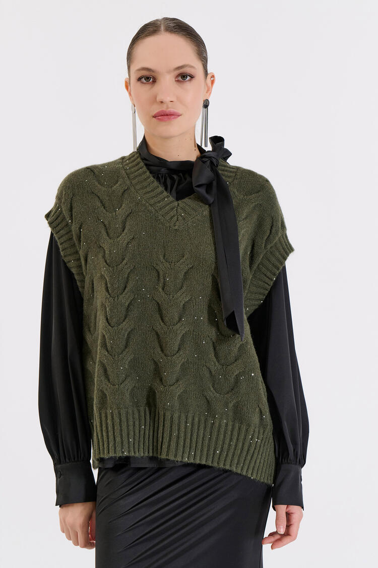 Knitted V-Neck Vest - Chaki O/S