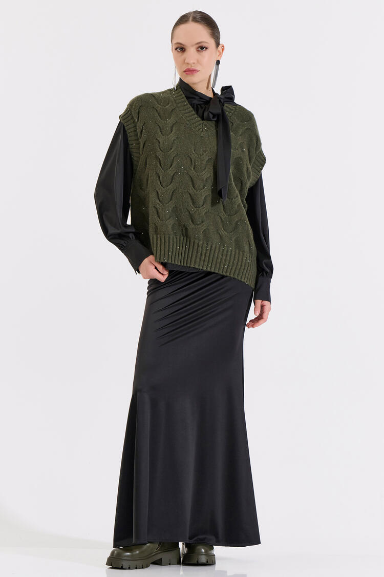 Knitted V-Neck Vest - Chaki O/S