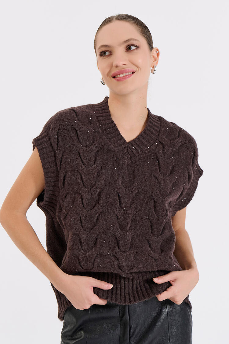 Knitted V-Neck Vest - Brown O/S