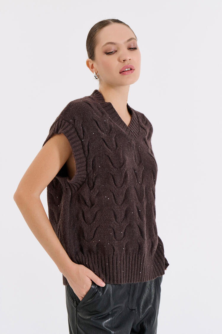 Knitted V-Neck Vest - Brown O/S