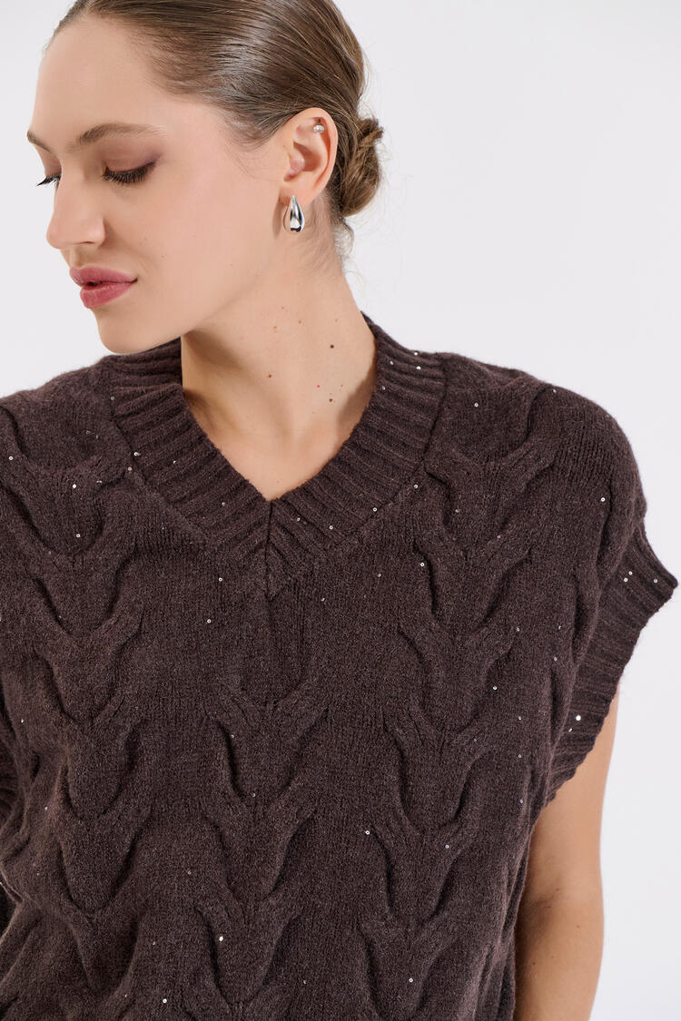 Knitted V-Neck Vest - Brown O/S