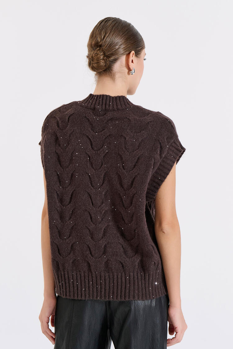 Knitted V-Neck Vest - Brown O/S